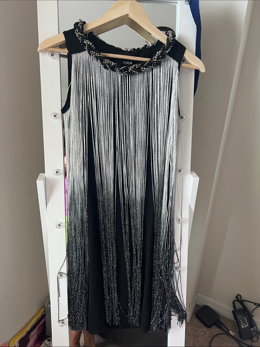 EDEN Black Midi Dress with Silver Fringe Neckline